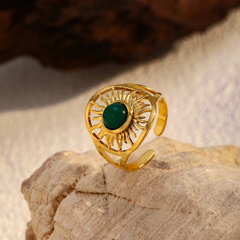 gold sun ring, stainless steel ring, adjustable open ring, boho jewelry, statement ring, gemstone ring, everyday jewelry, minimal chic ring, celestial ring, women’s fashion ring JZ-080
