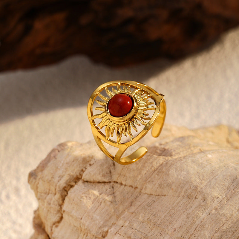 gold sun ring, stainless steel ring, adjustable open ring, boho jewelry, statement ring, gemstone ring, everyday jewelry, minimal chic ring, celestial ring, women’s fashion ring JZ-080