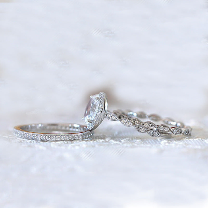 oval engagement ring, vintage wedding set, halo ring, cubic zirconia, silver bridal jewelry, eternity band, pavé ring, statement ring, elegant daily wear, anniversary jewelry JZ-082