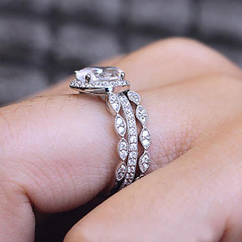 oval engagement ring, vintage wedding set, halo ring, cubic zirconia, silver bridal jewelry, eternity band, pavé ring, statement ring, elegant daily wear, anniversary jewelry JZ-082