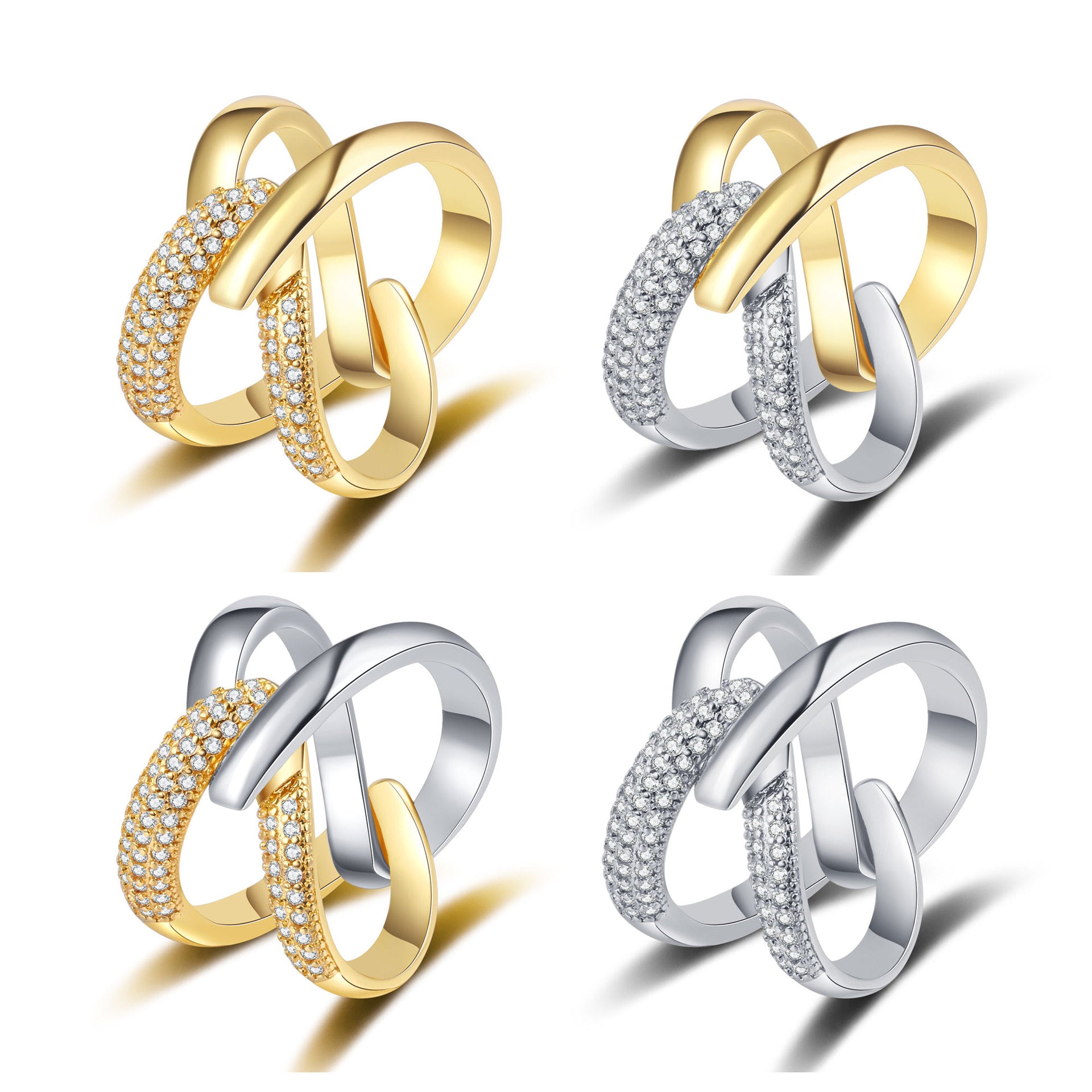 ring, minimalist style, crossover design, asymmetrical, gold plated, silver plated, pavé setting, fashion, versatile, party wear, everyday jewelry, statement piece, sparkling JZ-081
