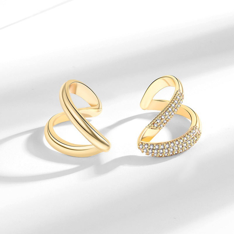 ring, minimalist style, crossover design, asymmetrical, gold plated, silver plated, pavé setting, fashion, versatile, party wear, everyday jewelry, statement piece, sparkling JZ-081