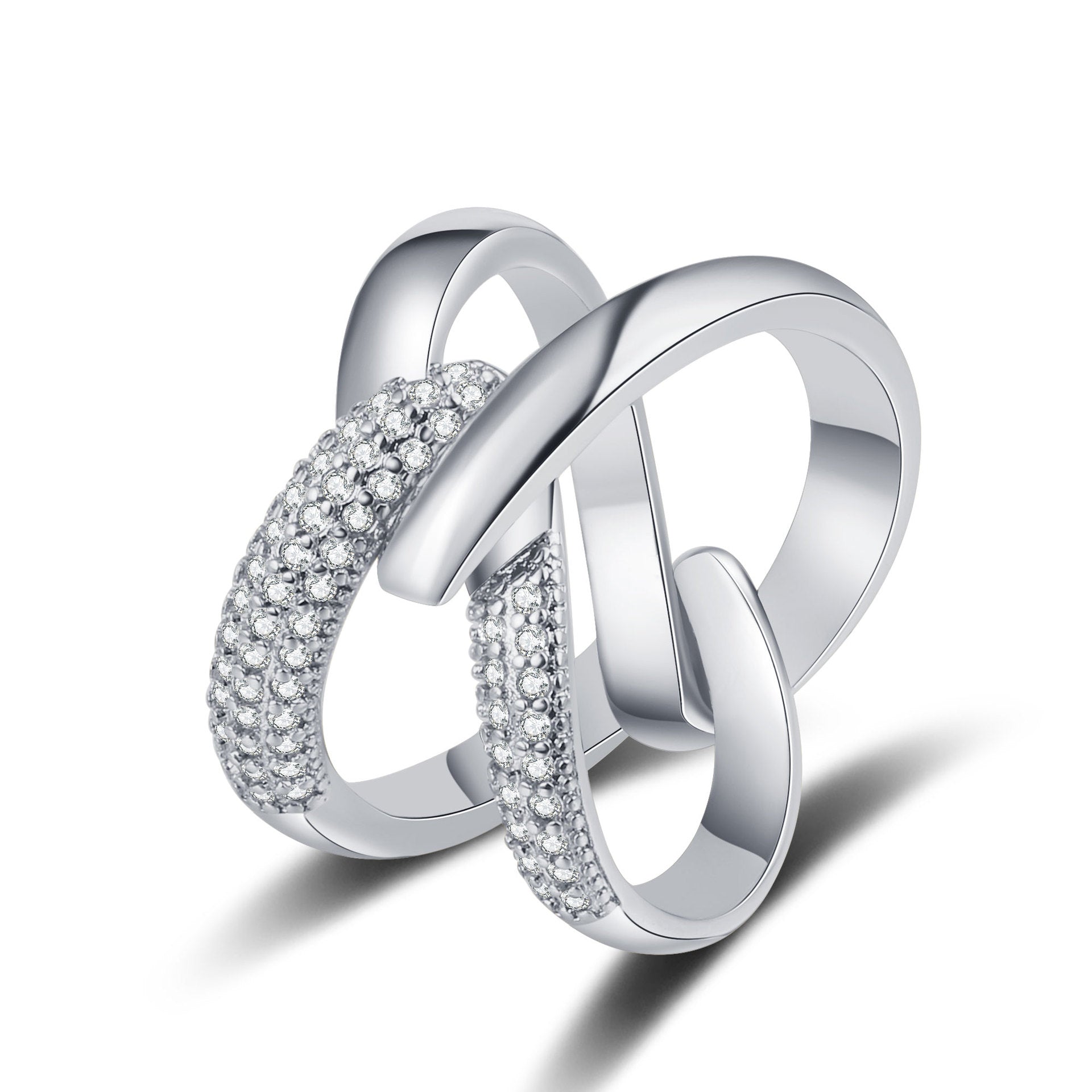 ring, minimalist style, crossover design, asymmetrical, gold plated, silver plated, pavé setting, fashion, versatile, party wear, everyday jewelry, statement piece, sparkling JZ-081