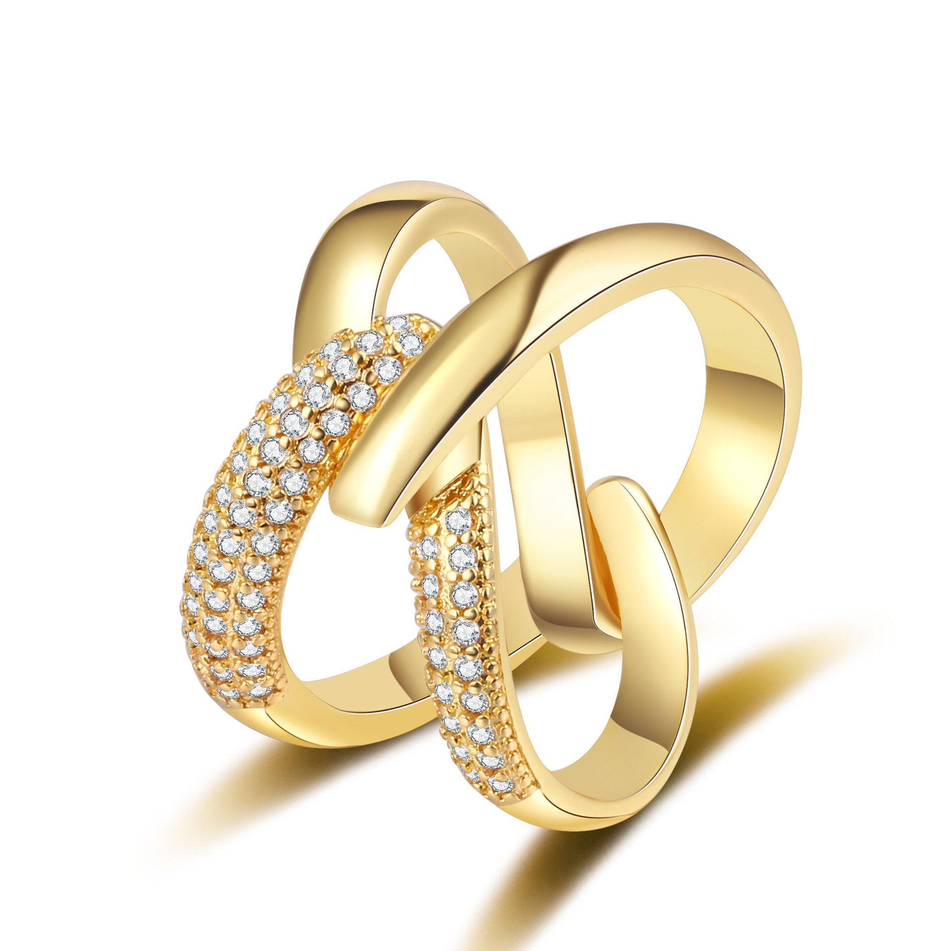 ring, minimalist style, crossover design, asymmetrical, gold plated, silver plated, pavé setting, fashion, versatile, party wear, everyday jewelry, statement piece, sparkling JZ-081
