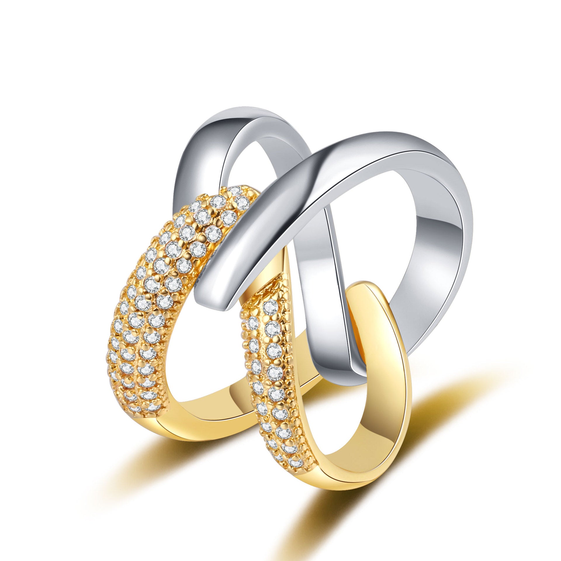 ring, minimalist style, crossover design, asymmetrical, gold plated, silver plated, pavé setting, fashion, versatile, party wear, everyday jewelry, statement piece, sparkling JZ-081
