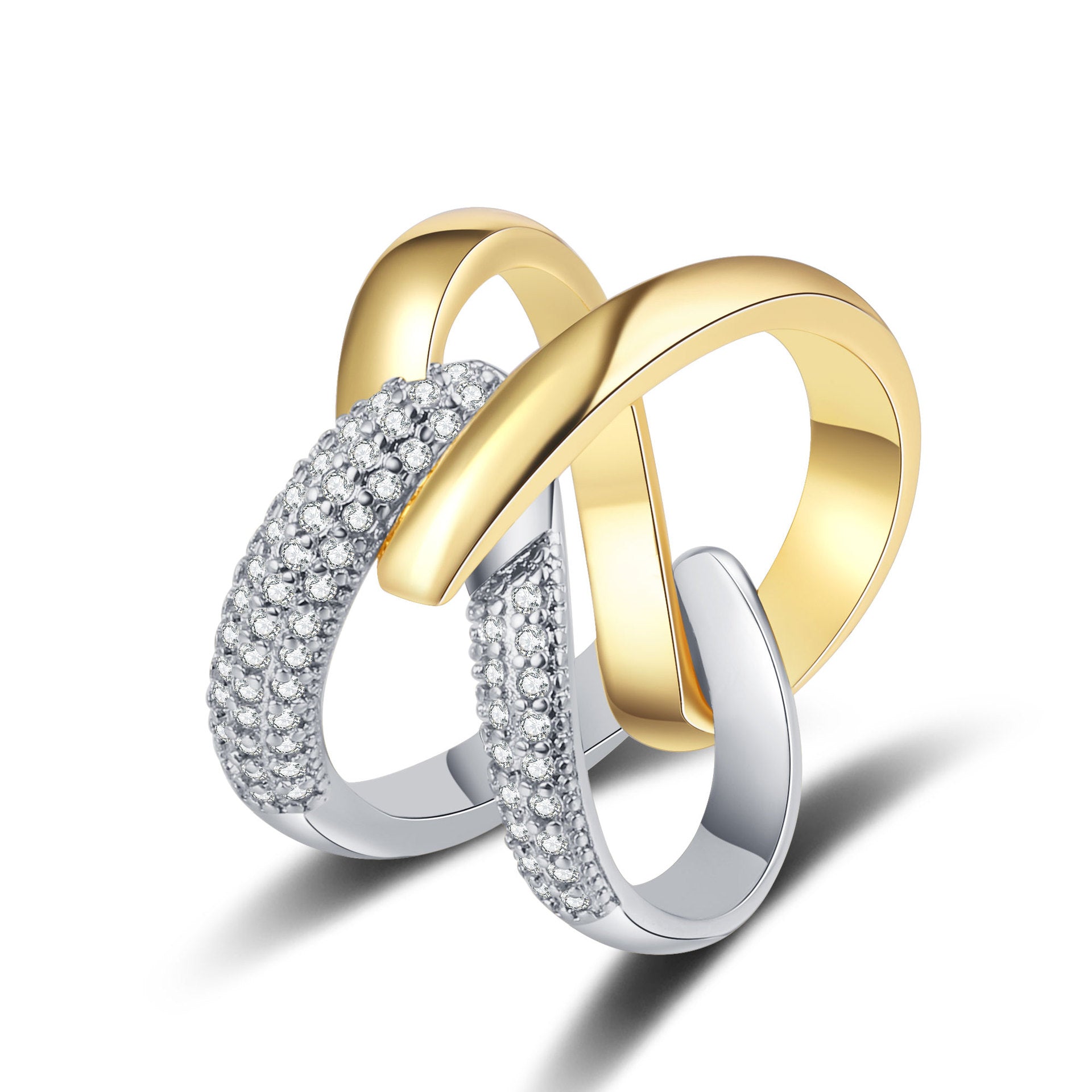 ring, minimalist style, crossover design, asymmetrical, gold plated, silver plated, pavé setting, fashion, versatile, party wear, everyday jewelry, statement piece, sparkling JZ-081
