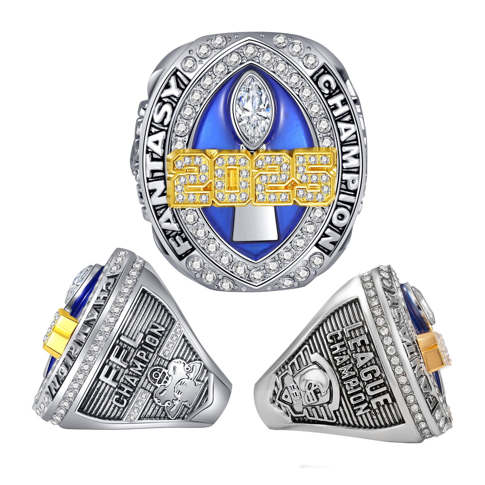 championship ring, fantasy football ring, 2025 champion ring, league champion jewelry, statement ring, bold style ring, silver gold ring, crystal inlaid ring, commemorative ring, men’s fashion ring JZ-083