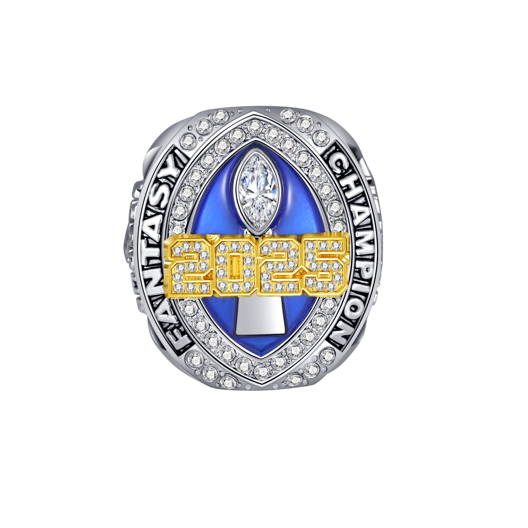 championship ring, fantasy football ring, 2025 champion ring, league champion jewelry, statement ring, bold style ring, silver gold ring, crystal inlaid ring, commemorative ring, men’s fashion ring JZ-083