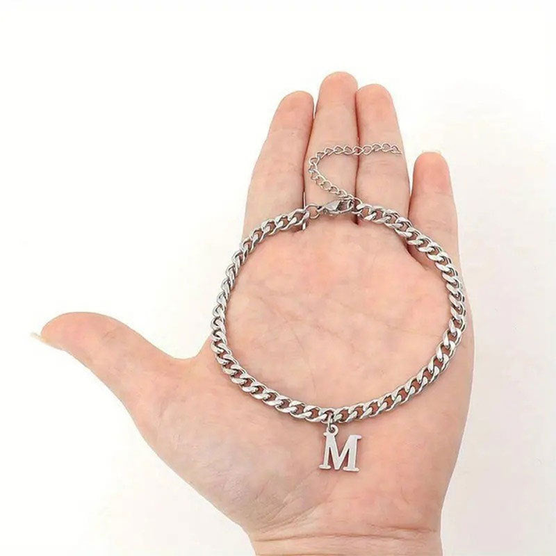 bracelet, initial bracelet, stainless steel, minimalist jewelry, silver chain, personalized, letter charm, daily wear, unisex, gift idea SL-069