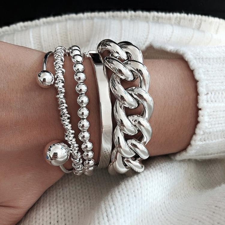 silver bracelet set, chunky chain bracelet, minimalist bangle, layering jewelry, stainless steel bracelet, daily wear, adjustable bracelet, stackable style, modern aesthetic, gift for her SL-072