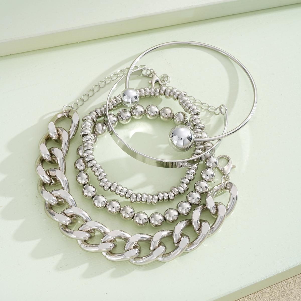 silver bracelet set, chunky chain bracelet, minimalist bangle, layering jewelry, stainless steel bracelet, daily wear, adjustable bracelet, stackable style, modern aesthetic, gift for her SL-072