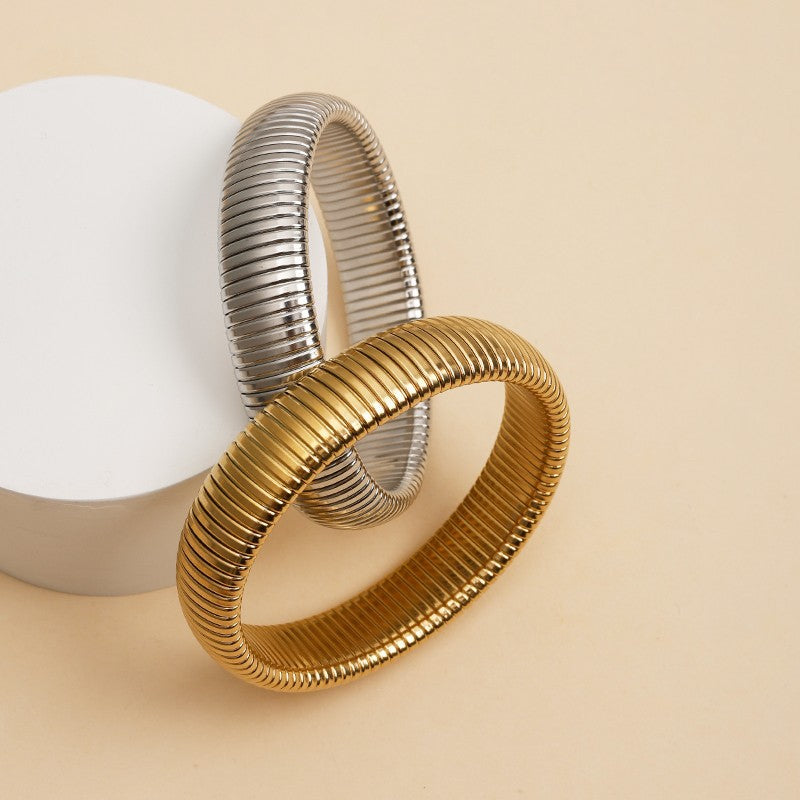 stainless steel bracelet, chunky bangle, minimalist jewelry, modern cuff, bold statement, silver gold bracelet, adjustable fit, everyday wear, water resistant, sleek design SL-079