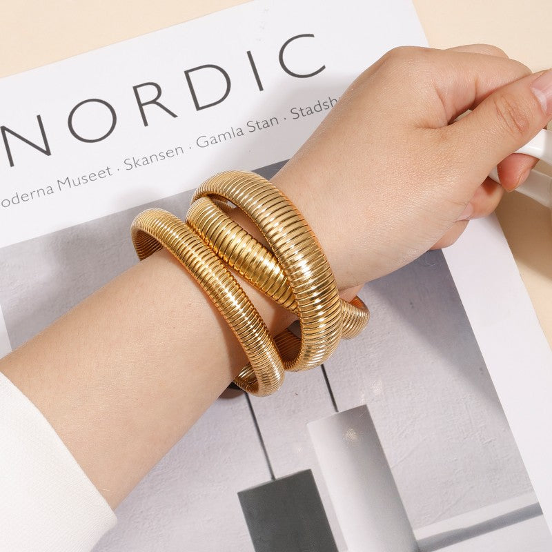 stainless steel bracelet, chunky bangle, minimalist jewelry, modern cuff, bold statement, silver gold bracelet, adjustable fit, everyday wear, water resistant, sleek design SL-079