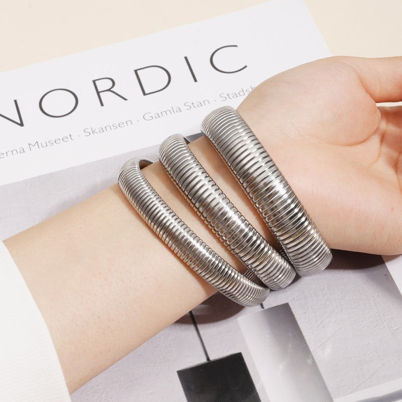 stainless steel bracelet, chunky bangle, minimalist jewelry, modern cuff, bold statement, silver gold bracelet, adjustable fit, everyday wear, water resistant, sleek design SL-079