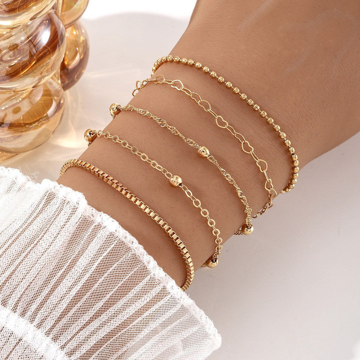 minimalist bracelet, layered anklet, stainless steel jewelry, dainty chain bracelet, everyday wear, adjustable design, gold silver bracelet, heart link chain, stackable jewelry, water resistant SL-080