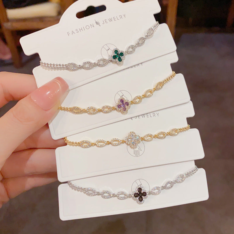 bracelet, four leaf clover, lucky charm, zircon, crystal, minimal, elegant, dainty, gold bracelet, silver bracelet, everyday jewelry, adjustable, gift for her, trendy, chic style SL-084