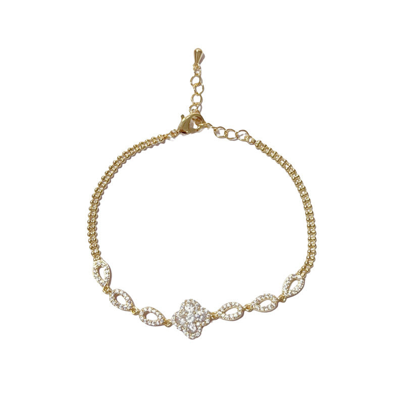 bracelet, four leaf clover, lucky charm, zircon, crystal, minimal, elegant, dainty, gold bracelet, silver bracelet, everyday jewelry, adjustable, gift for her, trendy, chic style SL-084