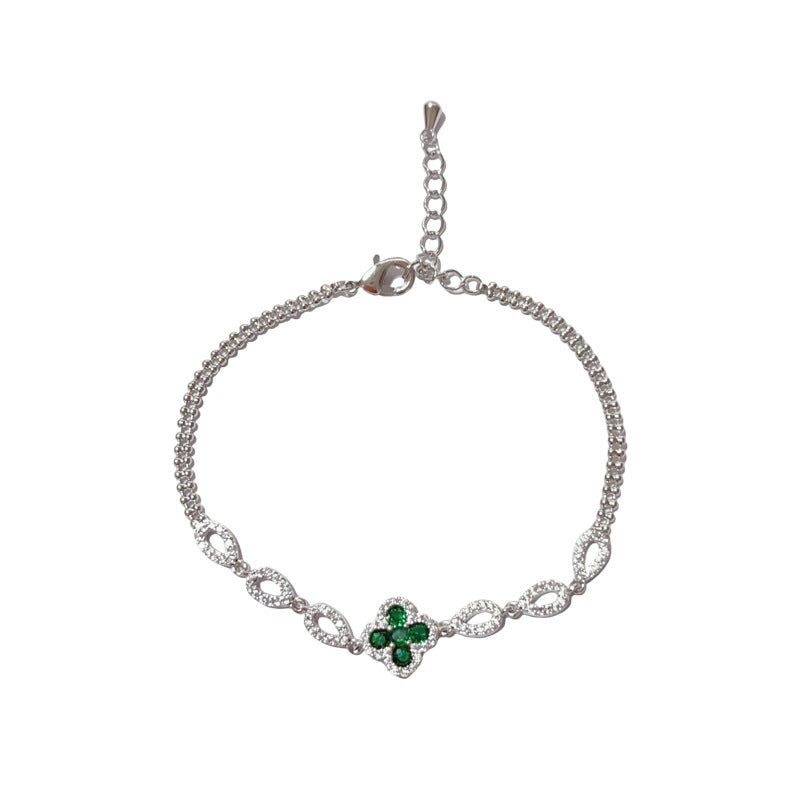 bracelet, four leaf clover, lucky charm, zircon, crystal, minimal, elegant, dainty, gold bracelet, silver bracelet, everyday jewelry, adjustable, gift for her, trendy, chic style SL-084