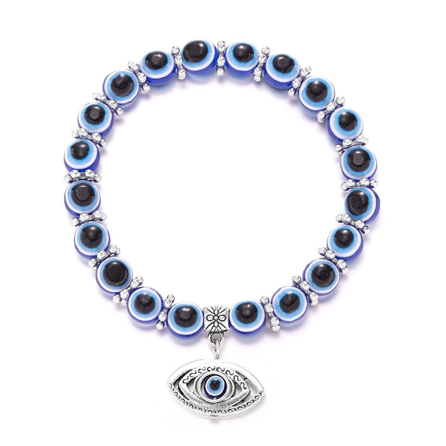 evil eye bracelet, protection jewelry, blue bead bracelet, boho charm bracelet, spiritual accessory, silver tone, everyday wear, handmade look, Mediterranean style, luck talisman SL-085