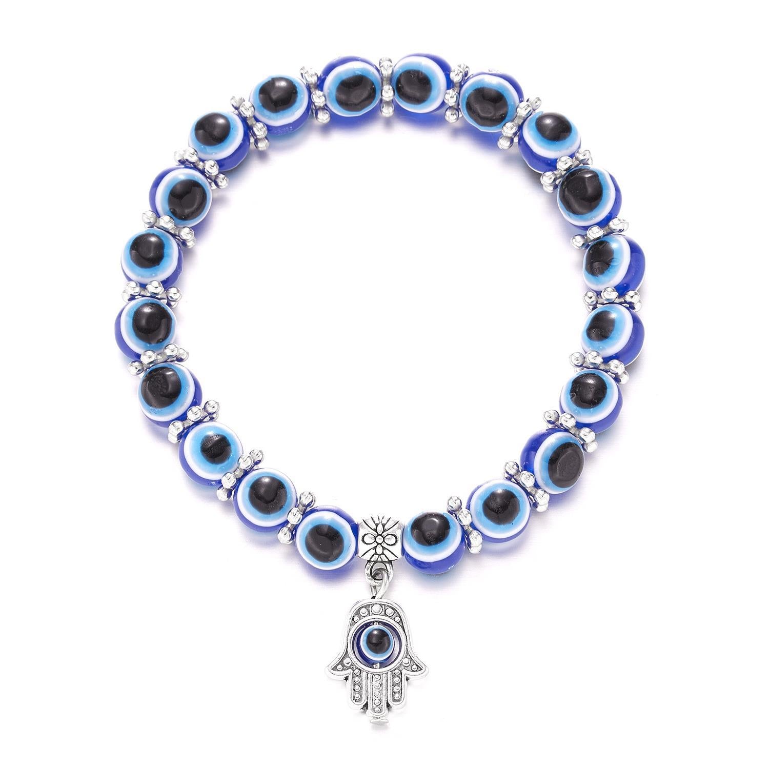 evil eye bracelet, protection jewelry, blue bead bracelet, boho charm bracelet, spiritual accessory, silver tone, everyday wear, handmade look, Mediterranean style, luck talisman SL-085