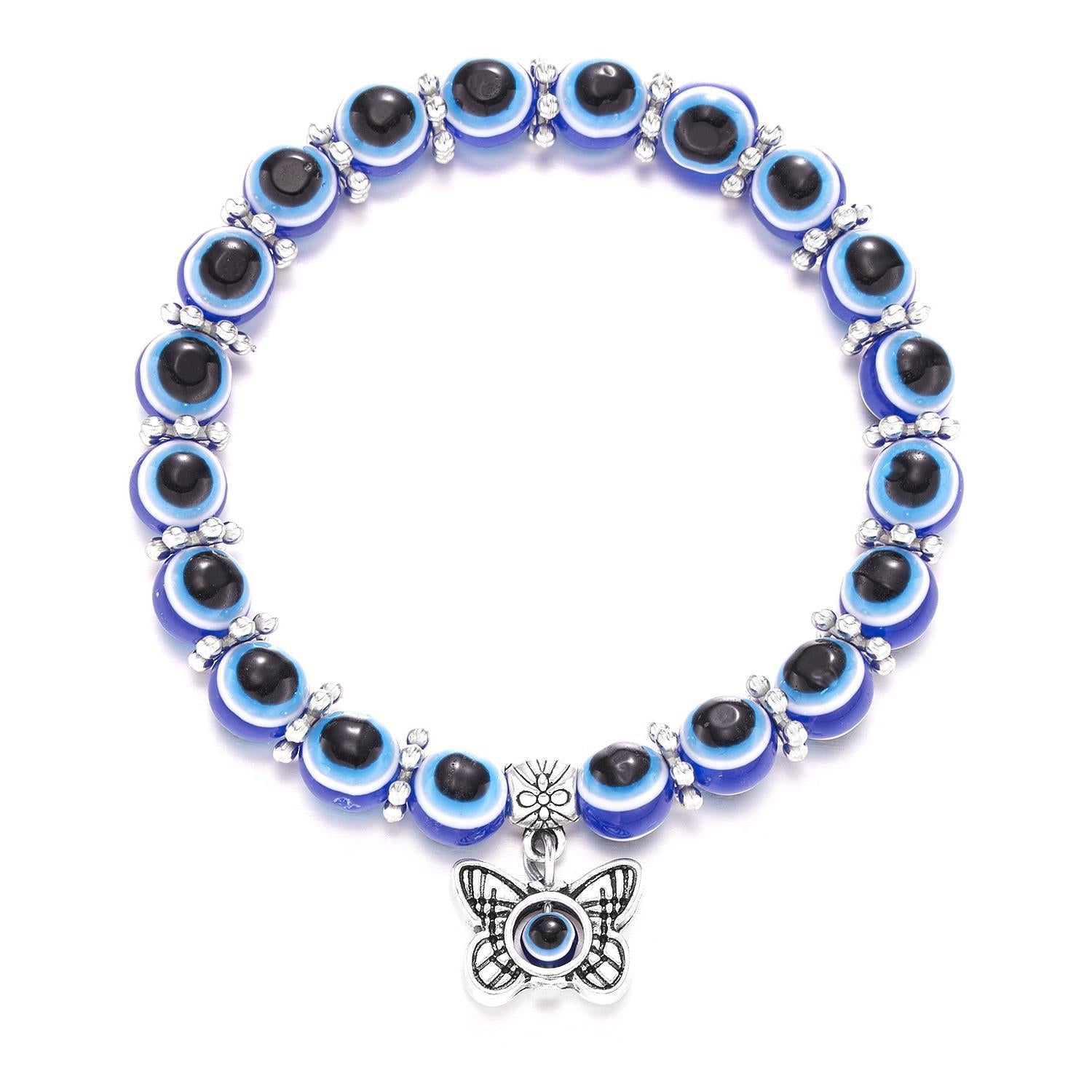 evil eye bracelet, protection jewelry, blue bead bracelet, boho charm bracelet, spiritual accessory, silver tone, everyday wear, handmade look, Mediterranean style, luck talisman SL-085