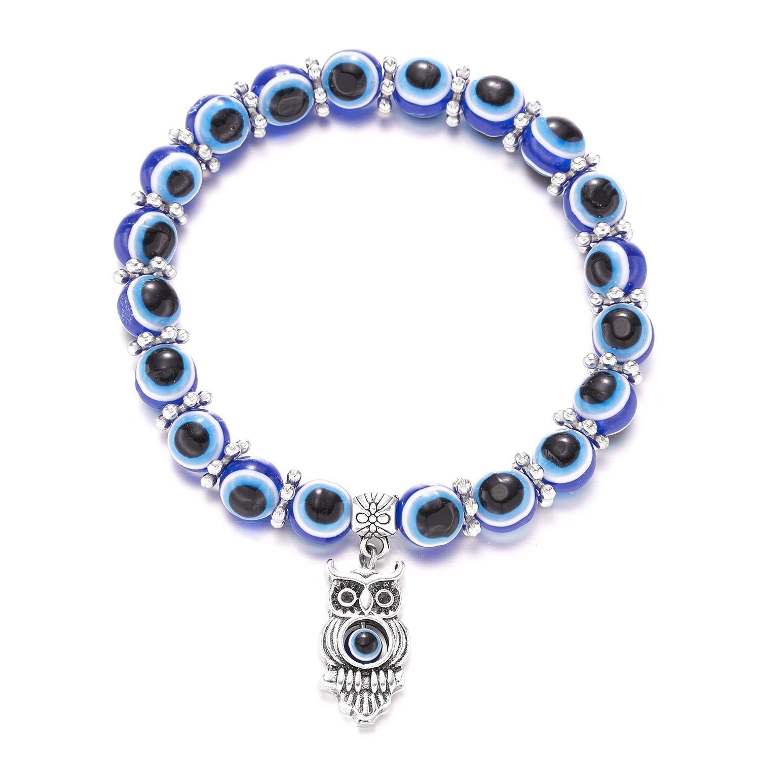 evil eye bracelet, protection jewelry, blue bead bracelet, boho charm bracelet, spiritual accessory, silver tone, everyday wear, handmade look, Mediterranean style, luck talisman SL-085