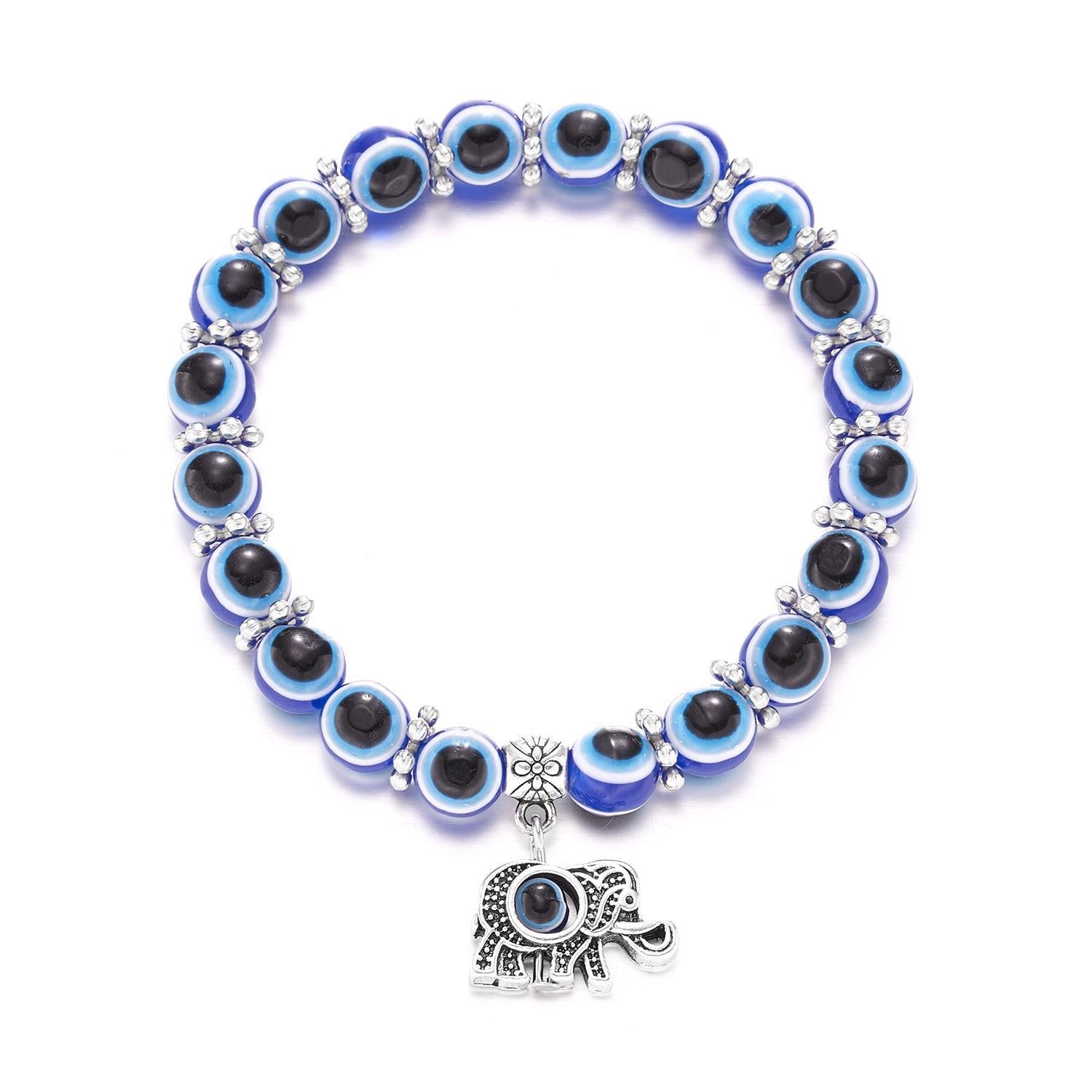 evil eye bracelet, protection jewelry, blue bead bracelet, boho charm bracelet, spiritual accessory, silver tone, everyday wear, handmade look, Mediterranean style, luck talisman SL-085
