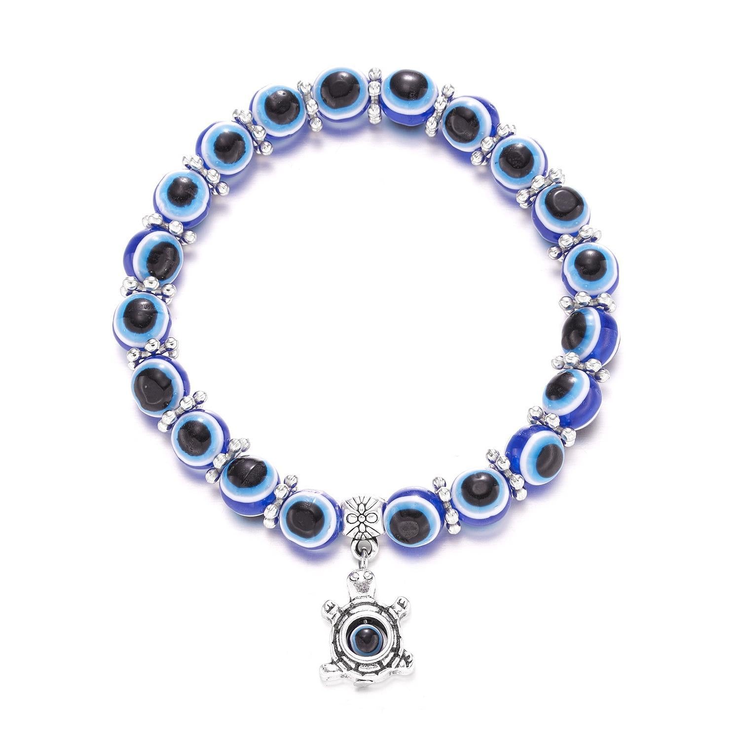 evil eye bracelet, protection jewelry, blue bead bracelet, boho charm bracelet, spiritual accessory, silver tone, everyday wear, handmade look, Mediterranean style, luck talisman SL-085