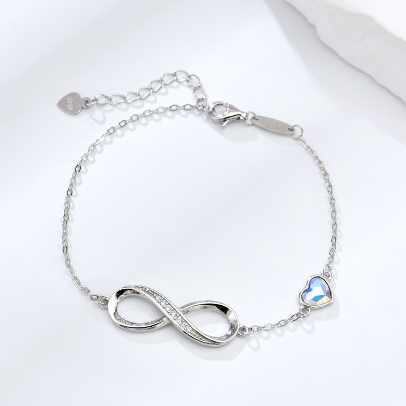 Infinity bracelet, minimalist jewelry, sterling silver, crystal heart charm, dainty bracelet, everyday wear, elegant gift, romantic jewelry, adjustable chain, timeless design SL-088