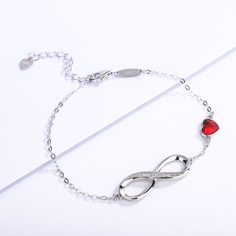 Infinity bracelet, minimalist jewelry, sterling silver, crystal heart charm, dainty bracelet, everyday wear, elegant gift, romantic jewelry, adjustable chain, timeless design SL-088