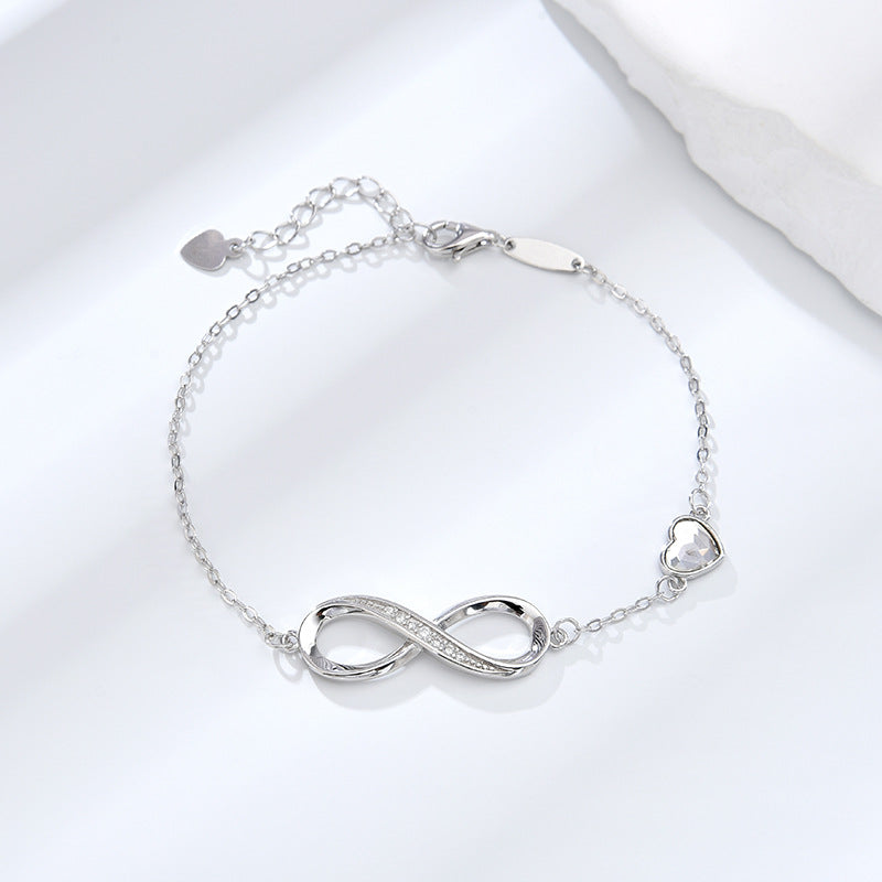 Infinity bracelet, minimalist jewelry, sterling silver, crystal heart charm, dainty bracelet, everyday wear, elegant gift, romantic jewelry, adjustable chain, timeless design SL-088