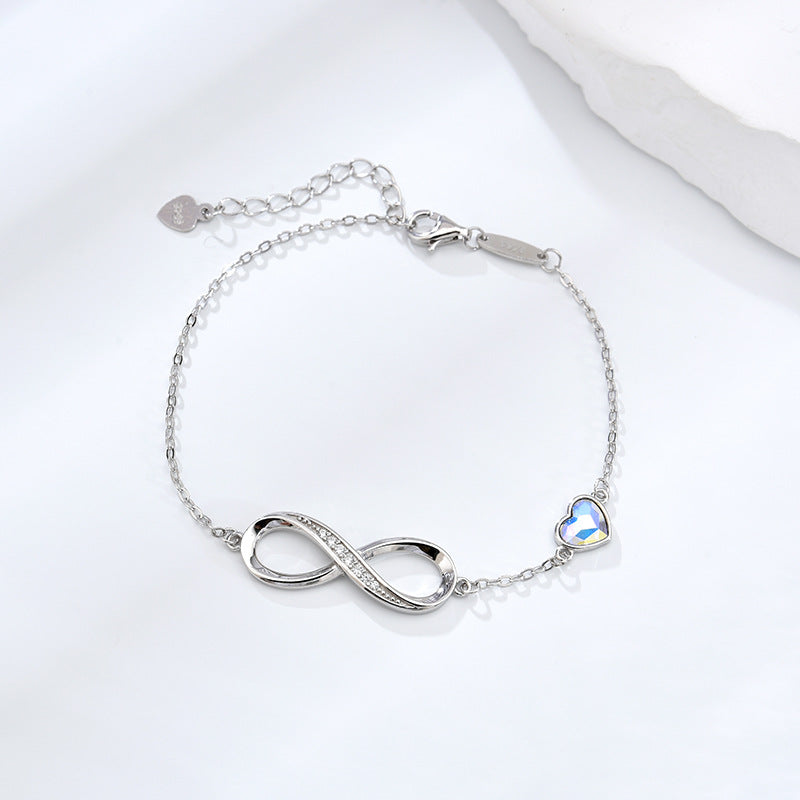 Infinity bracelet, minimalist jewelry, sterling silver, crystal heart charm, dainty bracelet, everyday wear, elegant gift, romantic jewelry, adjustable chain, timeless design SL-088