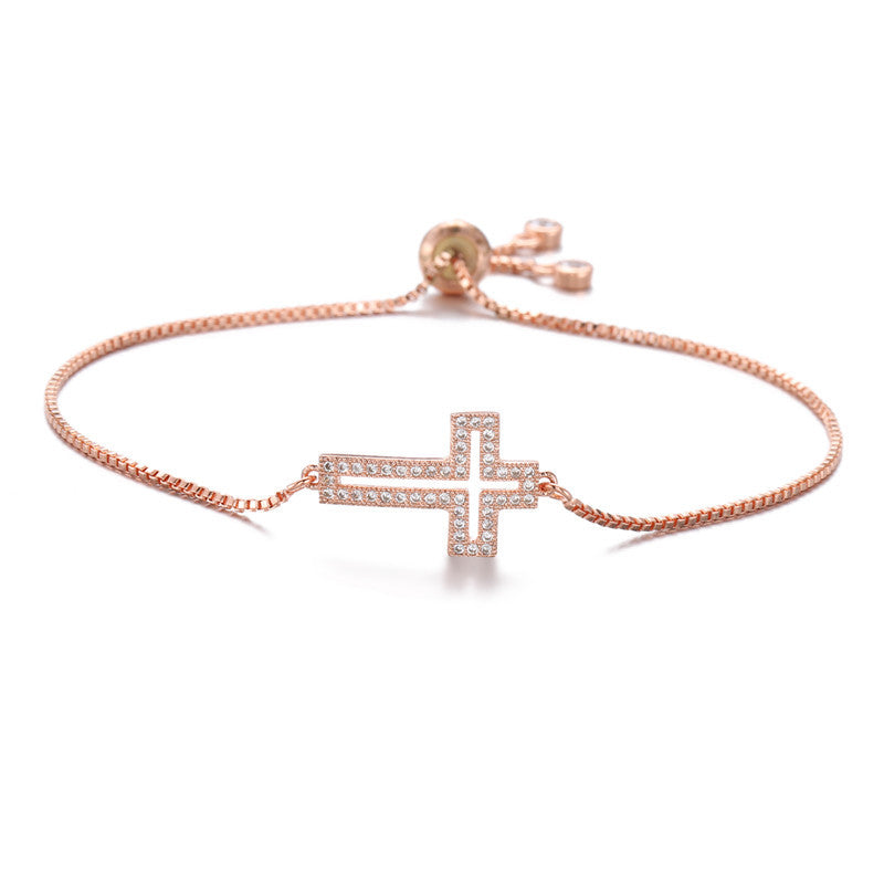 bracelet, cross bracelet, minimalist jewelry, cubic zirconia, adjustable chain, silver bracelet, gold bracelet, rose gold bracelet, faith jewelry, elegant style, daily wear, gift for her SL-089