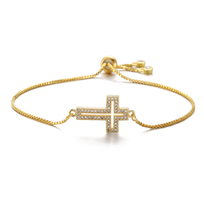 bracelet, cross bracelet, minimalist jewelry, cubic zirconia, adjustable chain, silver bracelet, gold bracelet, rose gold bracelet, faith jewelry, elegant style, daily wear, gift for her SL-089