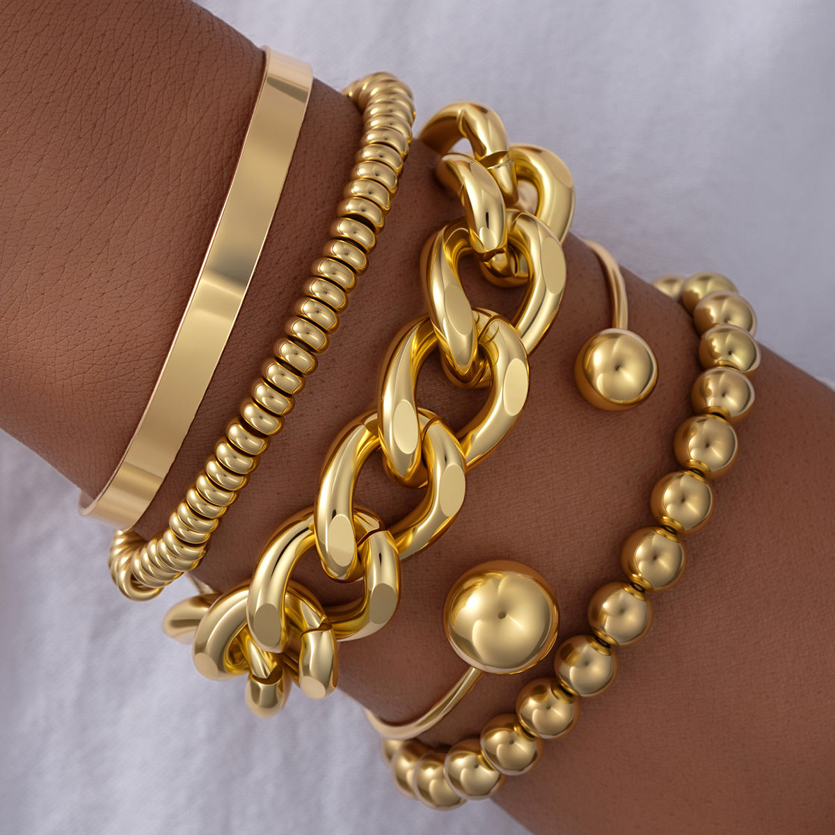 bracelet set, chunky chain bracelet, minimalist cuff, gold bangle, beaded bracelet, layering jewelry, statement accessory, daily wear, trendy stack, modern fashion SL-090
