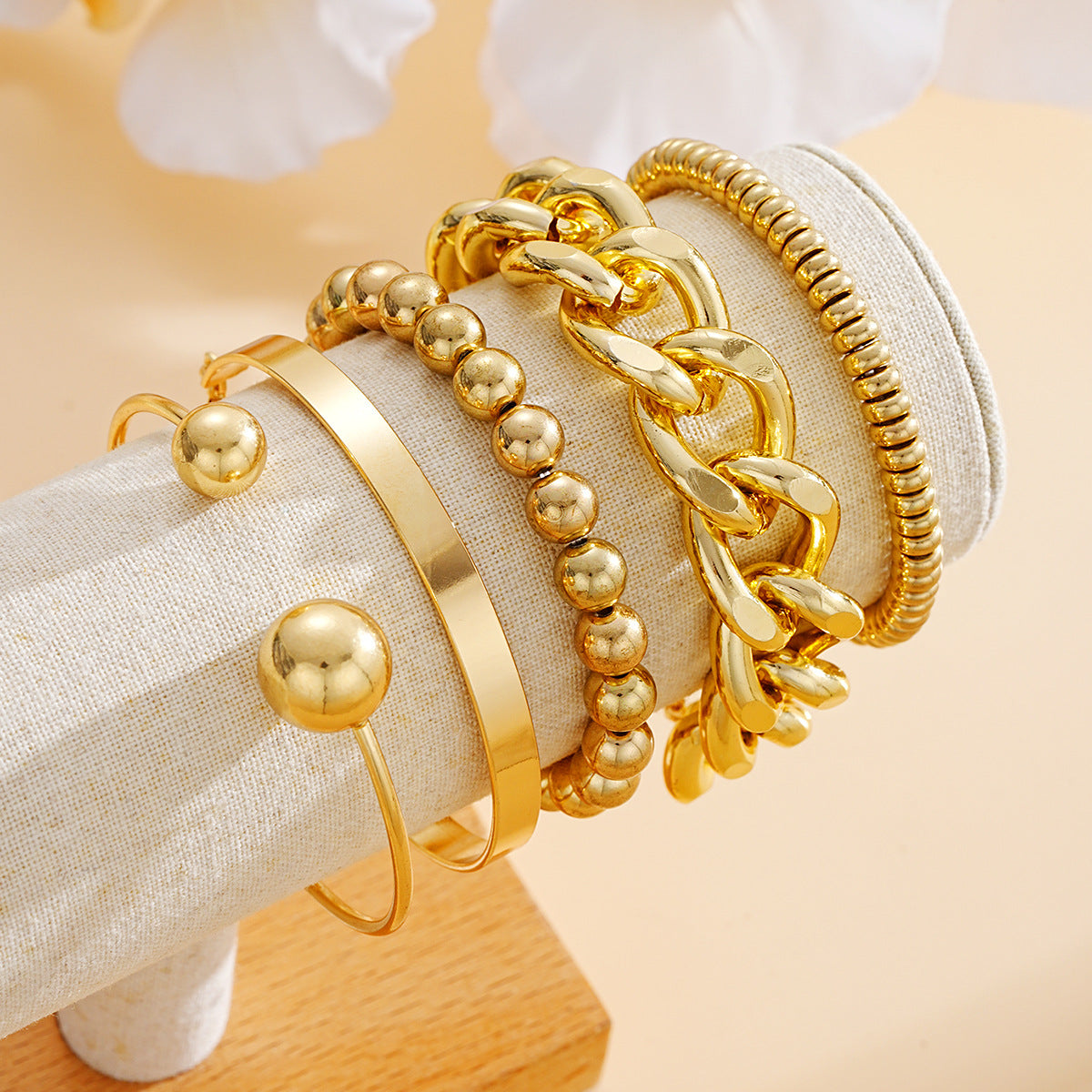 bracelet set, chunky chain bracelet, minimalist cuff, gold bangle, beaded bracelet, layering jewelry, statement accessory, daily wear, trendy stack, modern fashion SL-090