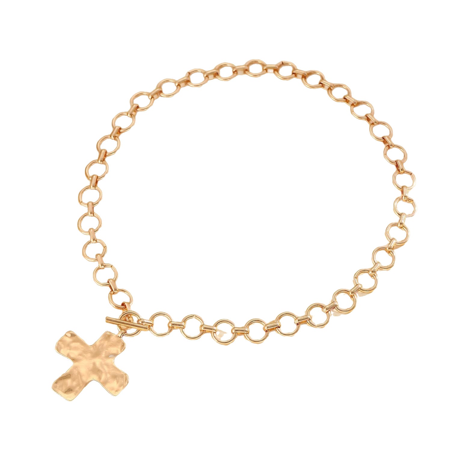 chunky cross necklace, hammered cross pendant, statement gold necklace, toggle clasp jewelry, bold link chain, minimalist cross chain, trendy layering necklace, everyday fashion jewelry, modern faith pendant, stainless steel necklace XL-070