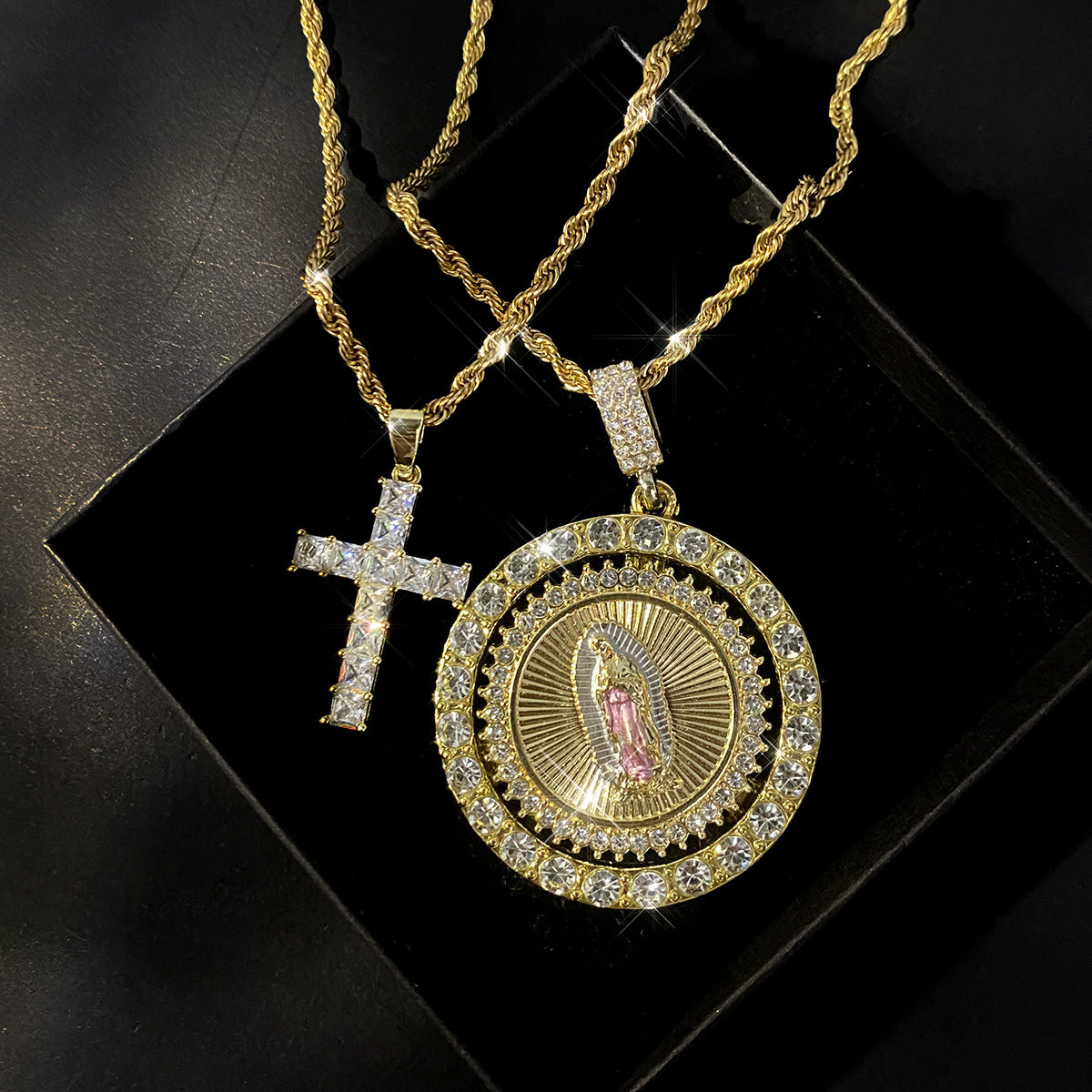 cross necklace, Jesus pendant, Virgin Mary necklace, iced out jewelry, gold rope chain, hip hop style, statement necklace, layered chain, street fashion, bling accessories XL-071