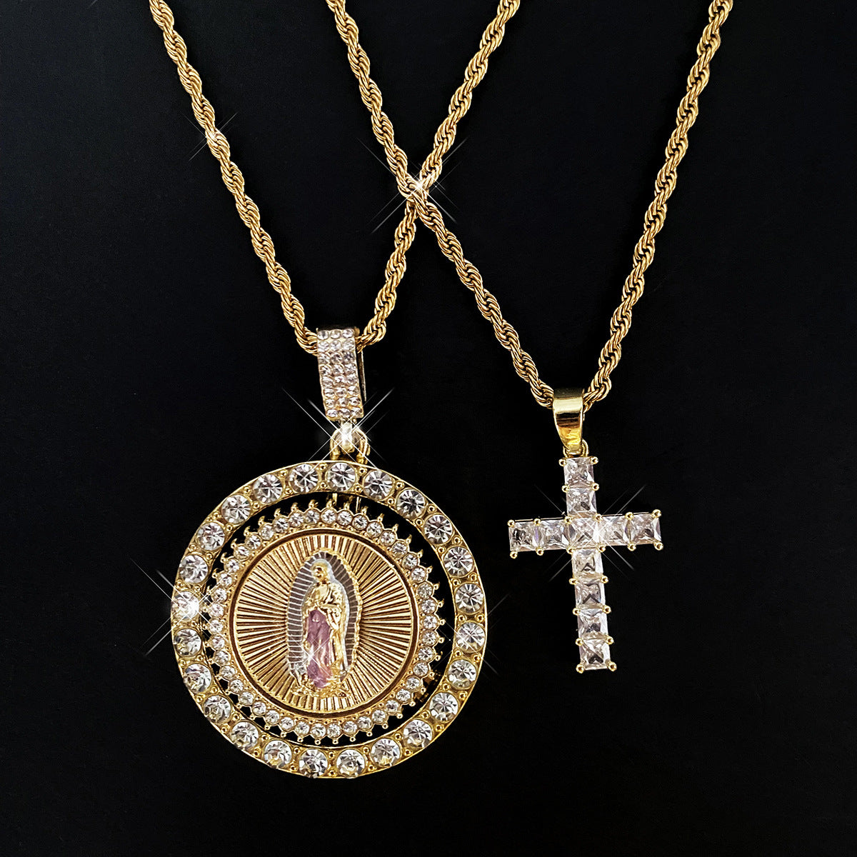 cross necklace, Jesus pendant, Virgin Mary necklace, iced out jewelry, gold rope chain, hip hop style, statement necklace, layered chain, street fashion, bling accessories XL-071