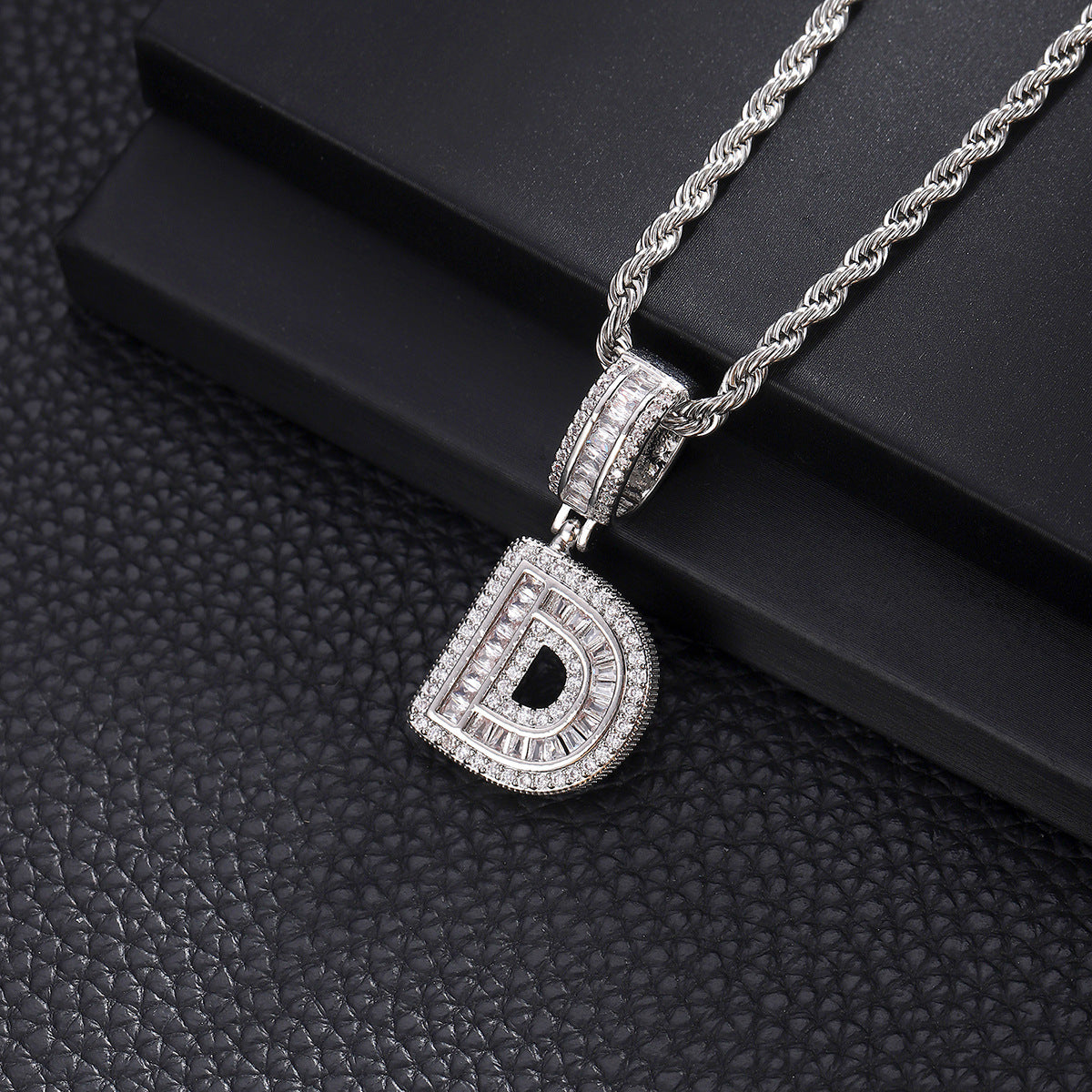 iced letter necklace, initial pendant, personalized jewelry, stainless steel chain, hip hop style, baguette stone, silver tone, statement necklace, gift for him, street fashion XL-073