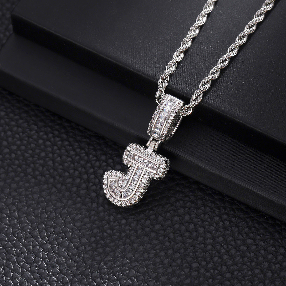 iced letter necklace, initial pendant, personalized jewelry, stainless steel chain, hip hop style, baguette stone, silver tone, statement necklace, gift for him, street fashion XL-073