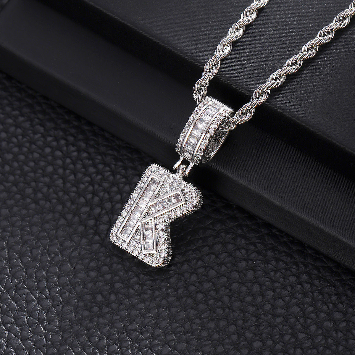 iced letter necklace, initial pendant, personalized jewelry, stainless steel chain, hip hop style, baguette stone, silver tone, statement necklace, gift for him, street fashion XL-073