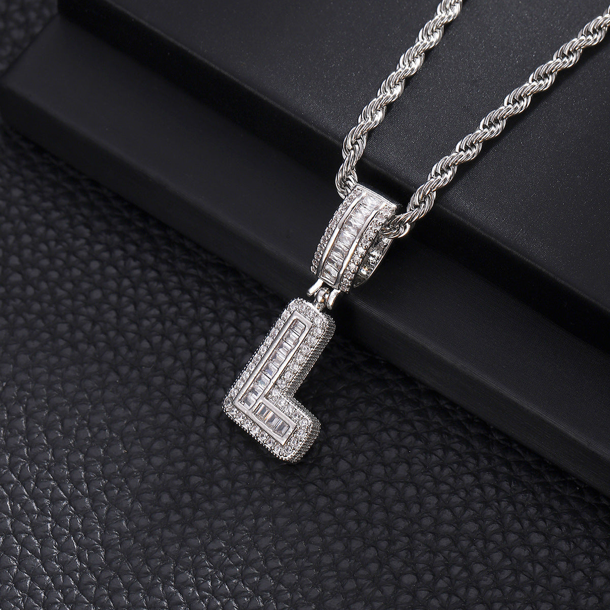 iced letter necklace, initial pendant, personalized jewelry, stainless steel chain, hip hop style, baguette stone, silver tone, statement necklace, gift for him, street fashion XL-073