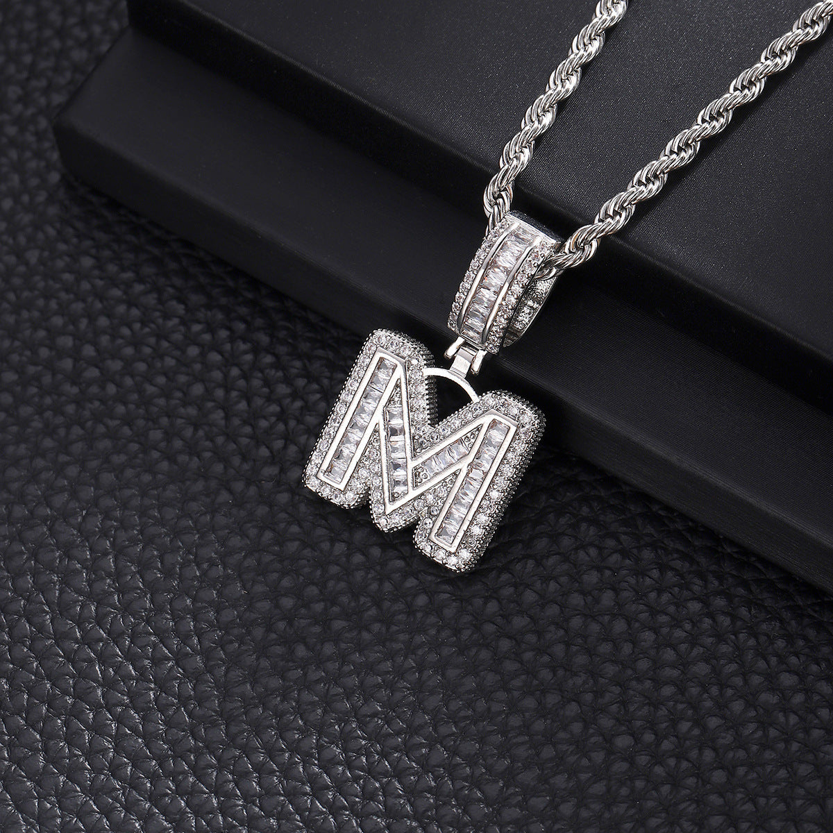 iced letter necklace, initial pendant, personalized jewelry, stainless steel chain, hip hop style, baguette stone, silver tone, statement necklace, gift for him, street fashion XL-073