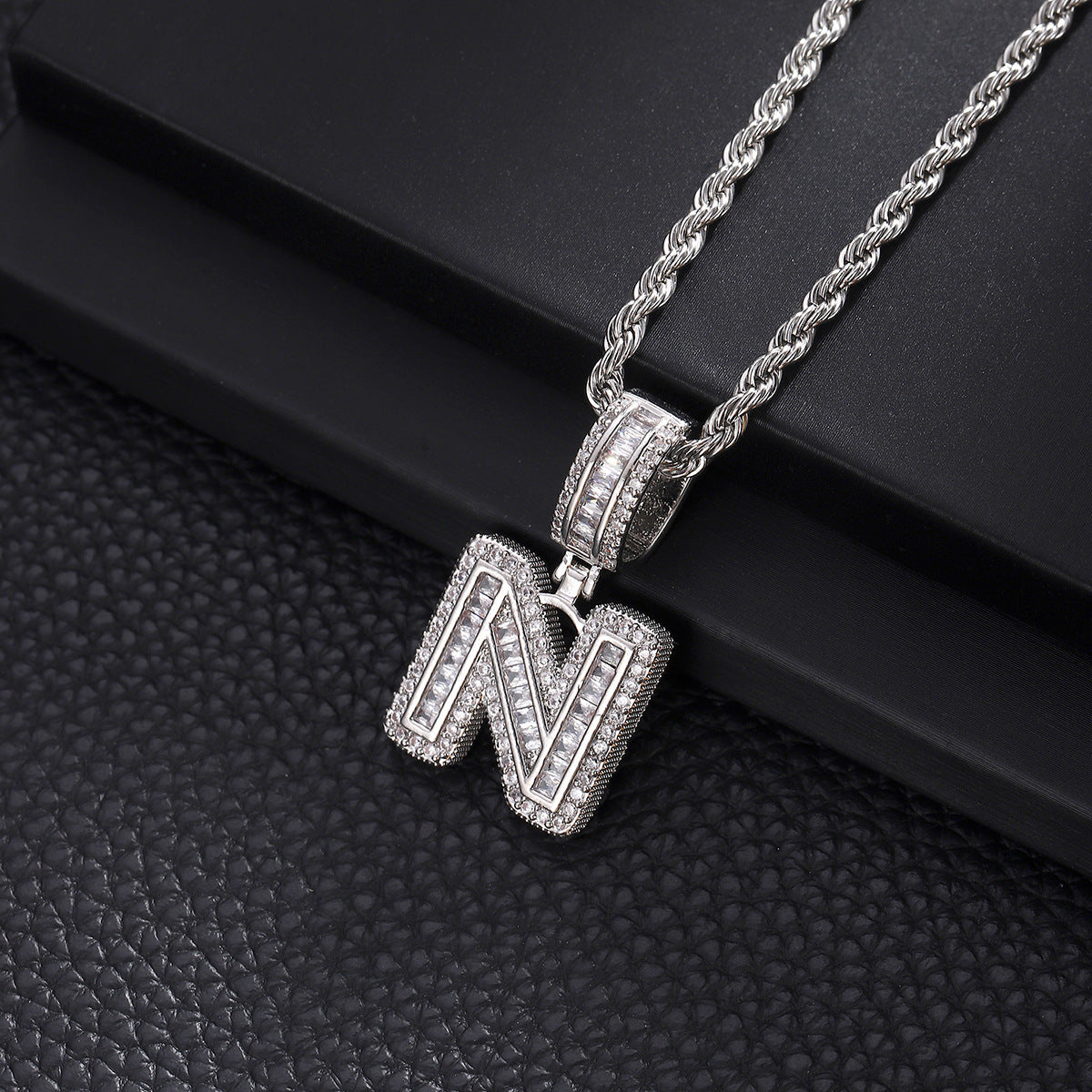 iced letter necklace, initial pendant, personalized jewelry, stainless steel chain, hip hop style, baguette stone, silver tone, statement necklace, gift for him, street fashion XL-073