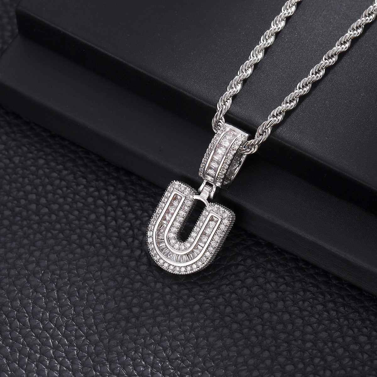 iced letter necklace, initial pendant, personalized jewelry, stainless steel chain, hip hop style, baguette stone, silver tone, statement necklace, gift for him, street fashion XL-073