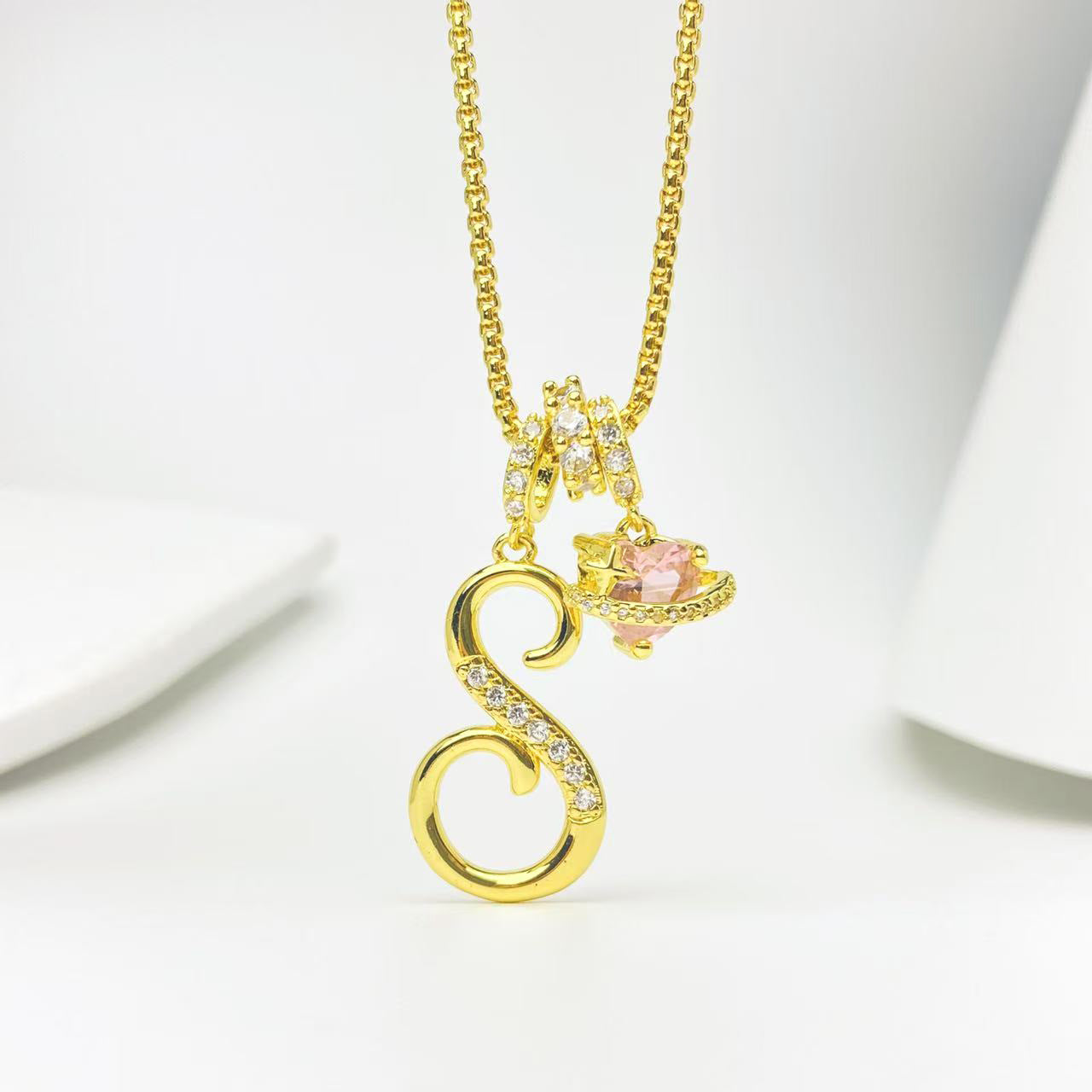 gold initial necklace pink heart pendant letter necklace dainty gold jewelry personalized gift everyday necklace sparkle charm 14k gold plated cute jewelry women necklace XL-074