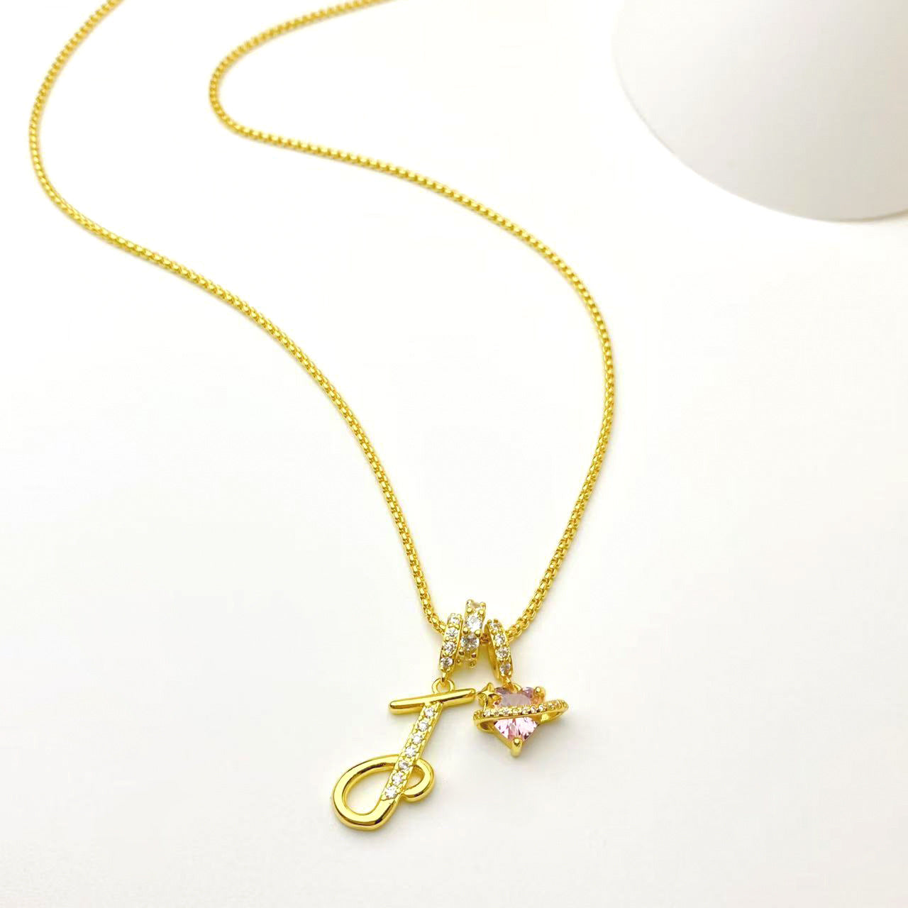 gold initial necklace pink heart pendant letter necklace dainty gold jewelry personalized gift everyday necklace sparkle charm 14k gold plated cute jewelry women necklace XL-074