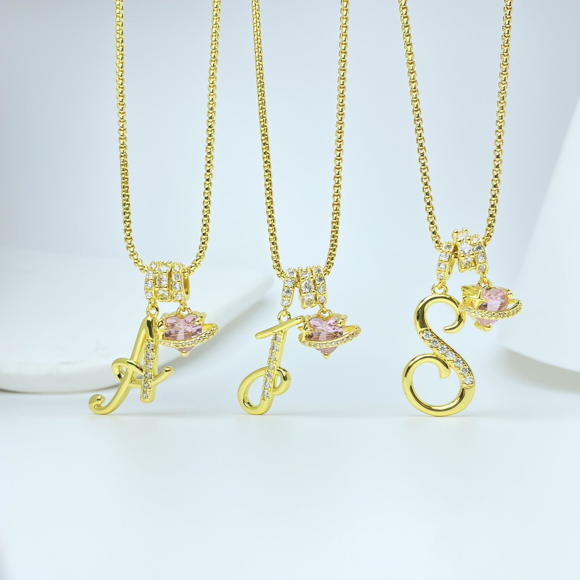 gold initial necklace pink heart pendant letter necklace dainty gold jewelry personalized gift everyday necklace sparkle charm 14k gold plated cute jewelry women necklace XL-074