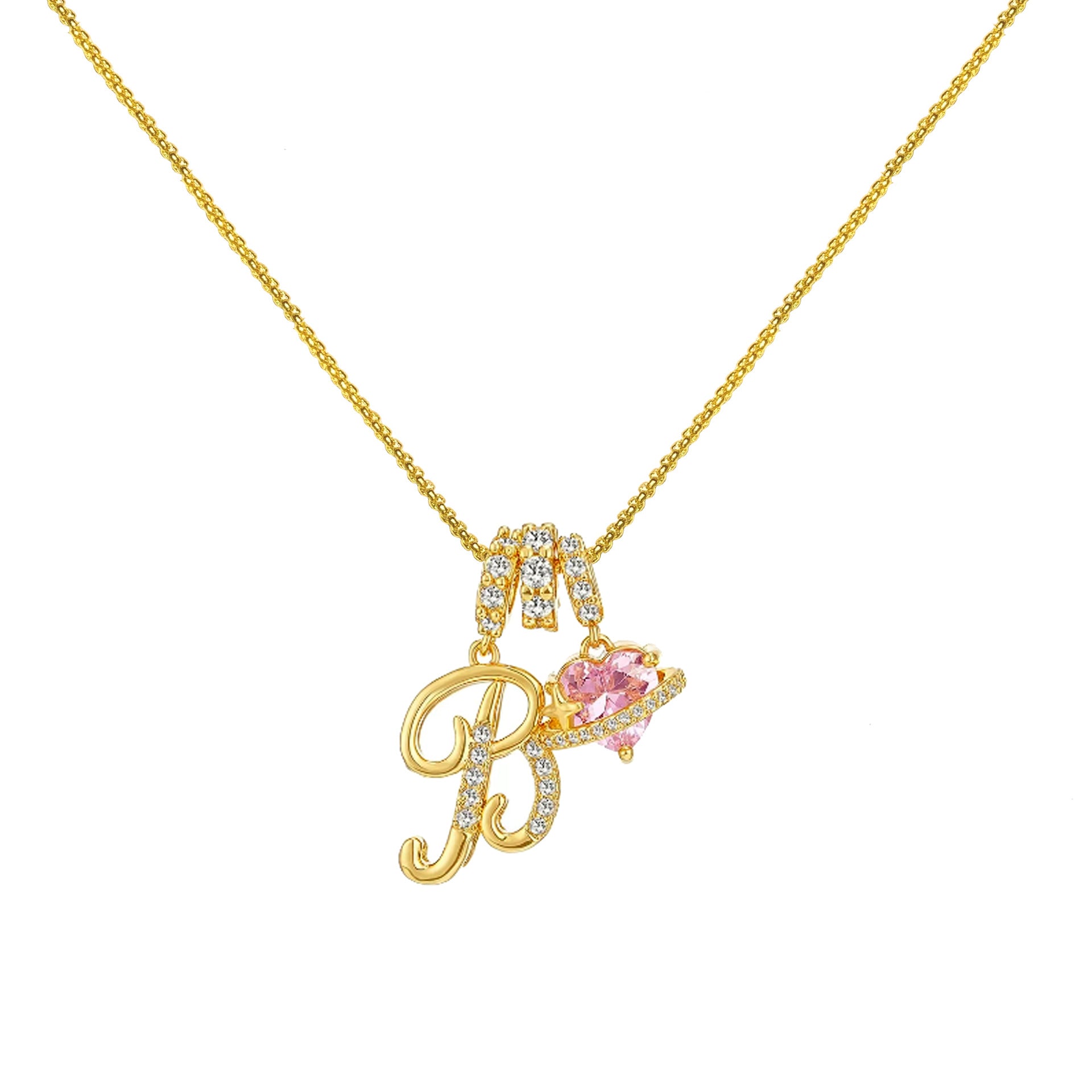 gold initial necklace pink heart pendant letter necklace dainty gold jewelry personalized gift everyday necklace sparkle charm 14k gold plated cute jewelry women necklace XL-074